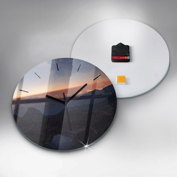 Round glass clock Mountains at sunset