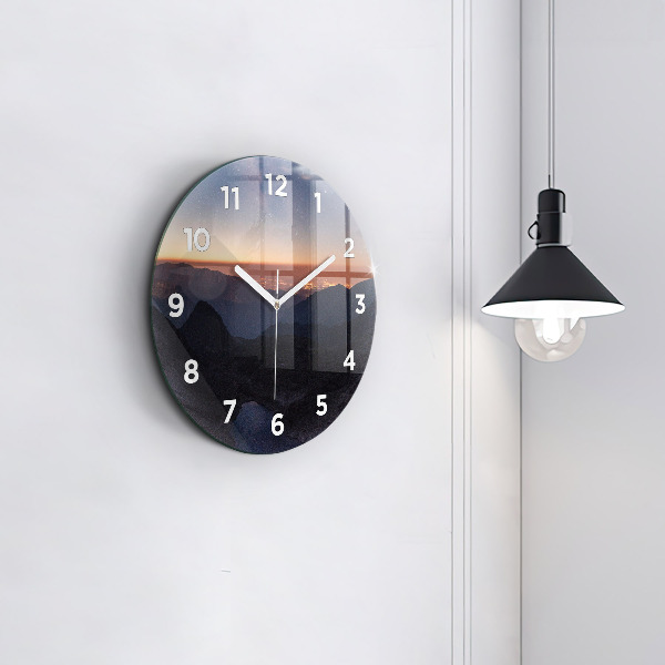 Round glass clock Mountains at sunset