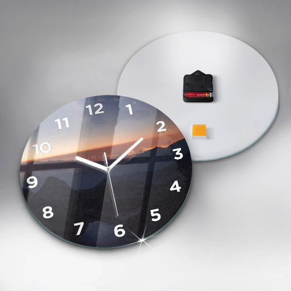 Round glass clock Mountains at sunset
