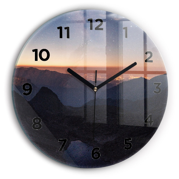 Round glass clock Mountains at sunset