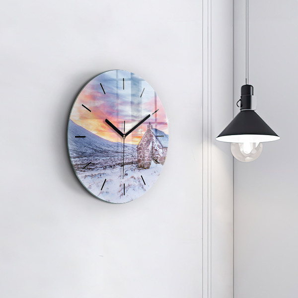 Round glass clock Cottage in the mountains