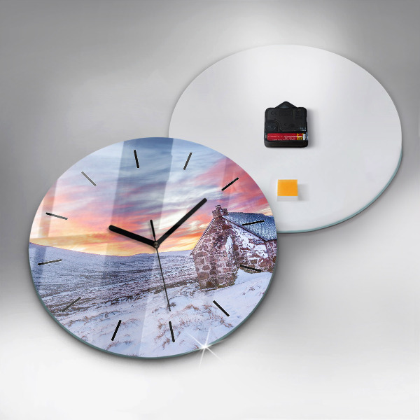 Round glass clock Cottage in the mountains