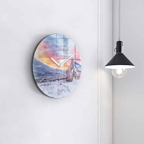 Round glass clock Cottage in the mountains