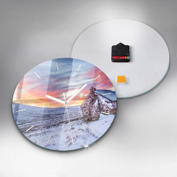 Round glass clock Cottage in the mountains