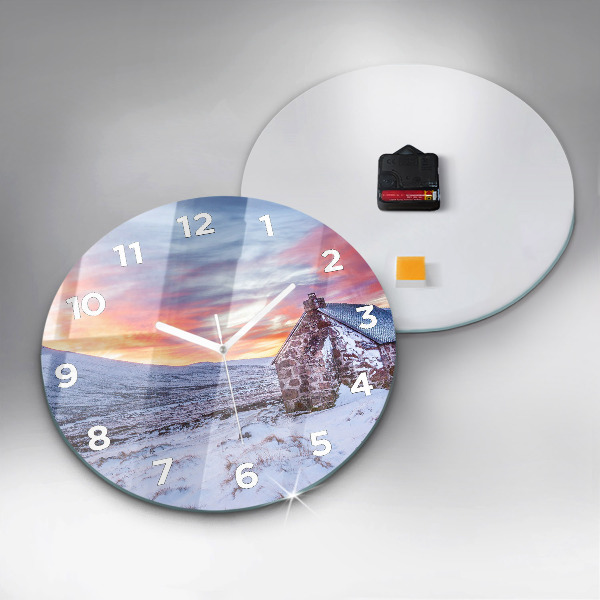 Round glass clock Cottage in the mountains
