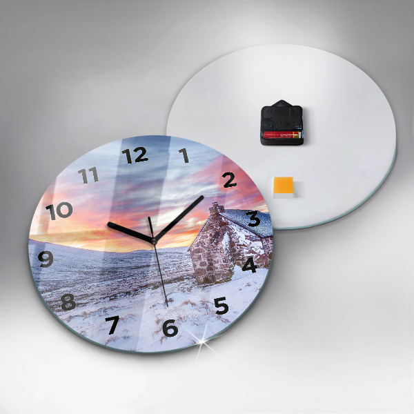 Round glass clock Cottage in the mountains