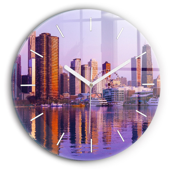 Round glass clock View of the skyscrapers of the USA