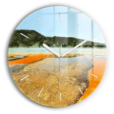 Round glass clock Lake with Mountains