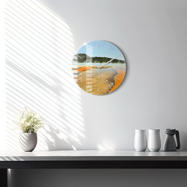 Round glass clock Lake with Mountains