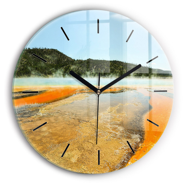 Round glass clock Lake with Mountains