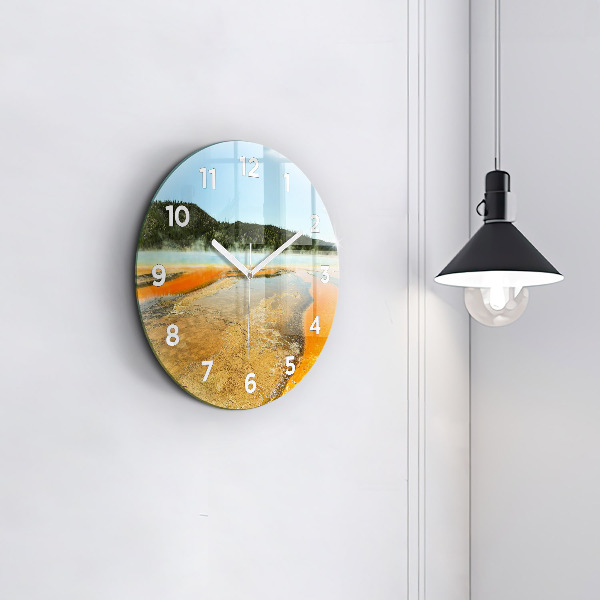 Round glass clock Lake with Mountains