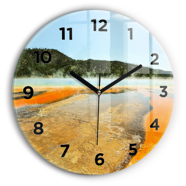 Round glass clock Lake with Mountains