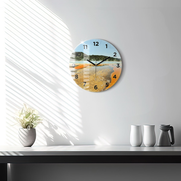 Round glass clock Lake with Mountains