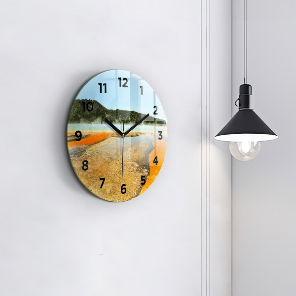 Round glass clock Lake with Mountains