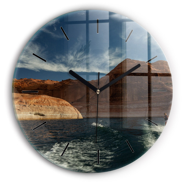 Round glass clock Person on water skis