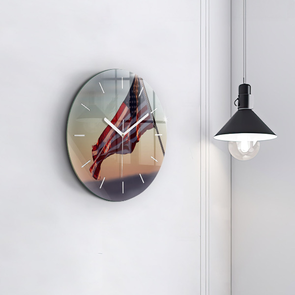 Round glass clock USA flag flying
