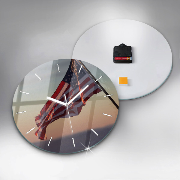 Round glass clock USA flag flying