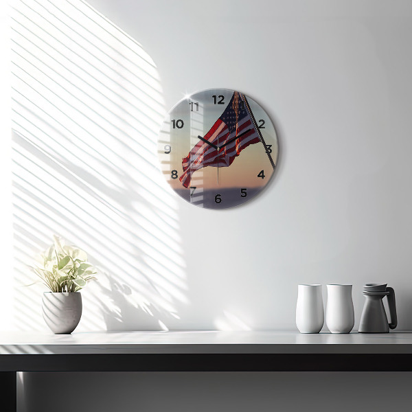 Round glass clock USA flag flying