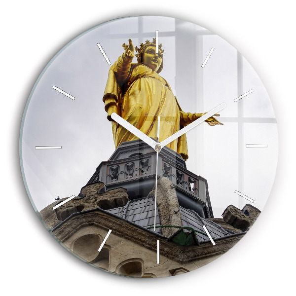 Round glass clock Statue of the Virgin Mary in Lyon