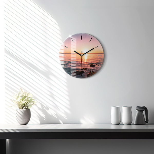 Round glass clock Rocks at sunset