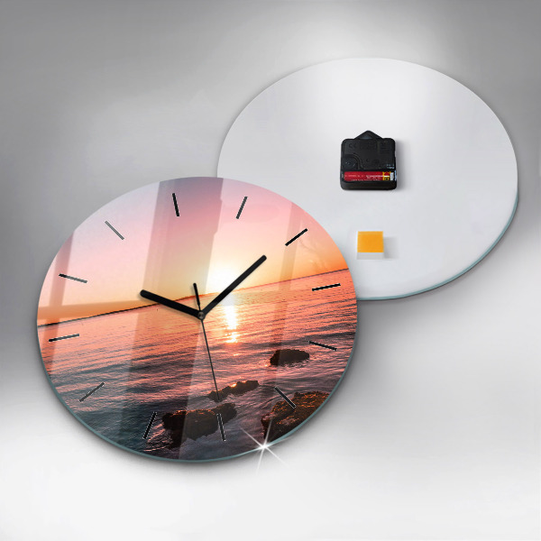 Round glass clock Rocks at sunset