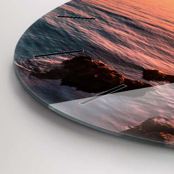 Round glass clock Rocks at sunset