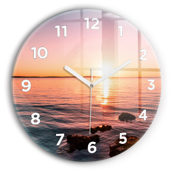 Round glass clock Rocks at sunset