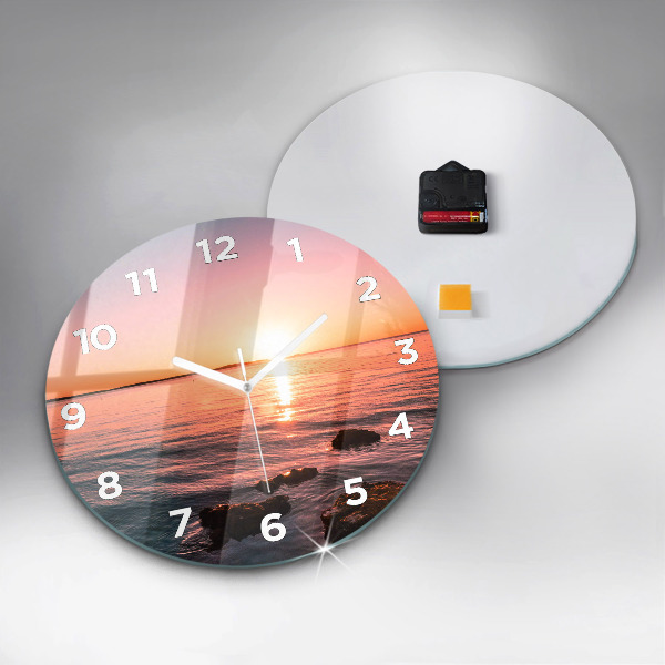 Round glass clock Rocks at sunset