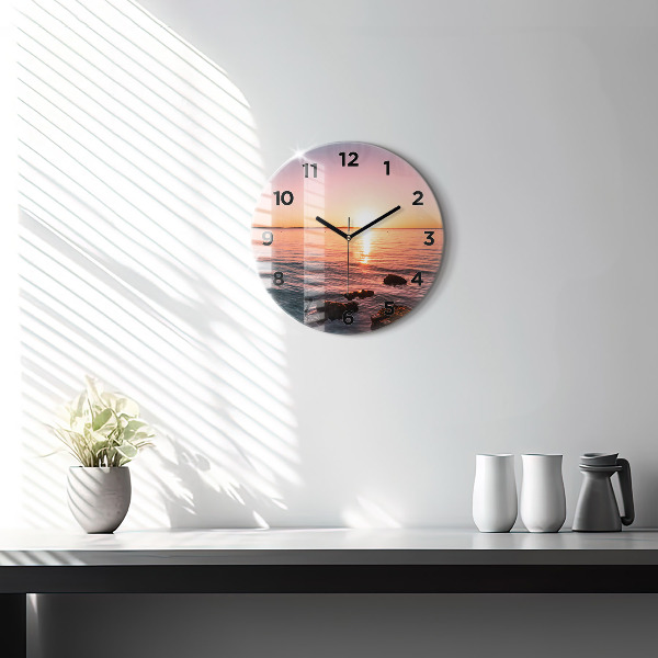 Round glass clock Rocks at sunset