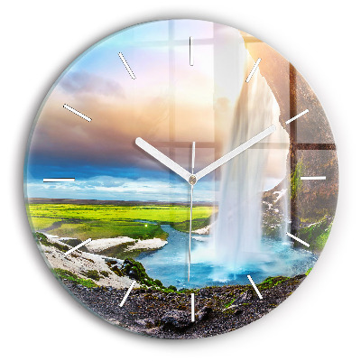 Round glass clock Waterfall in Iceland
