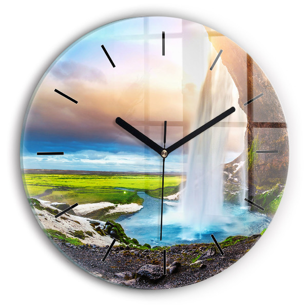 Round glass clock Waterfall in Iceland