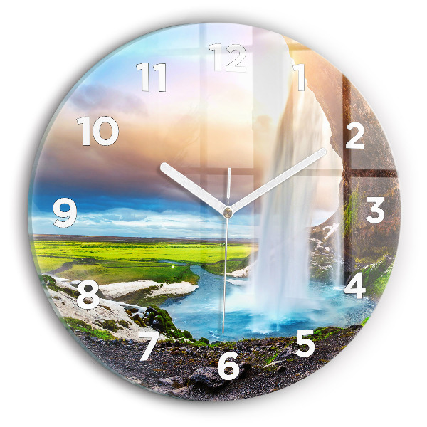 Round glass clock Waterfall in Iceland