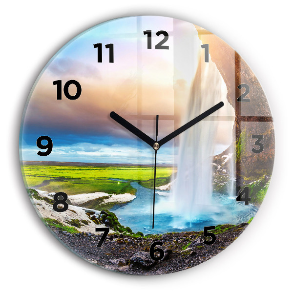 Round glass clock Waterfall in Iceland