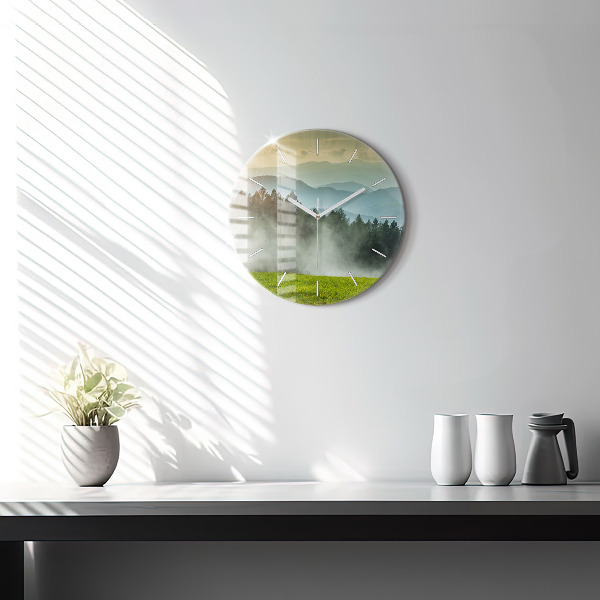 Round glass clock Mountain landscape