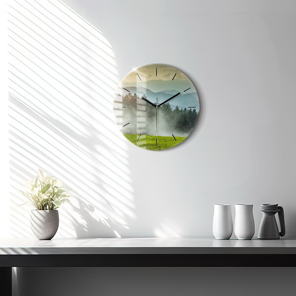 Round glass clock Mountain landscape