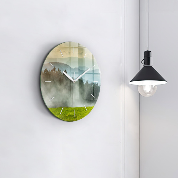 Round glass clock Mountain landscape