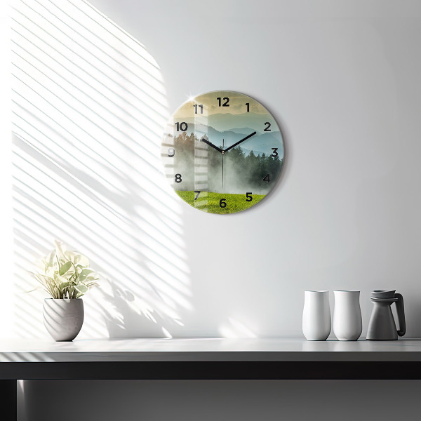 Round glass clock Mountain landscape