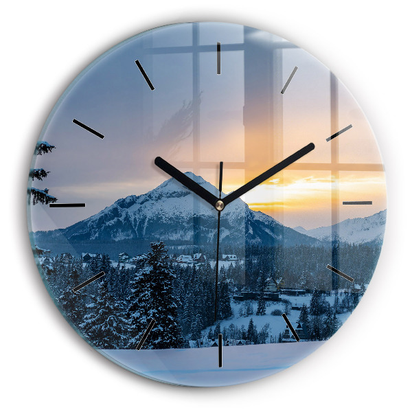 Round glass clock Mountain landscape