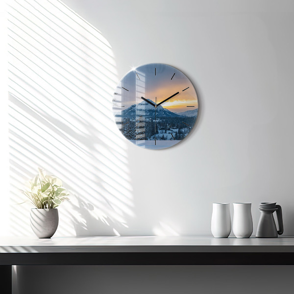 Round glass clock Mountain landscape