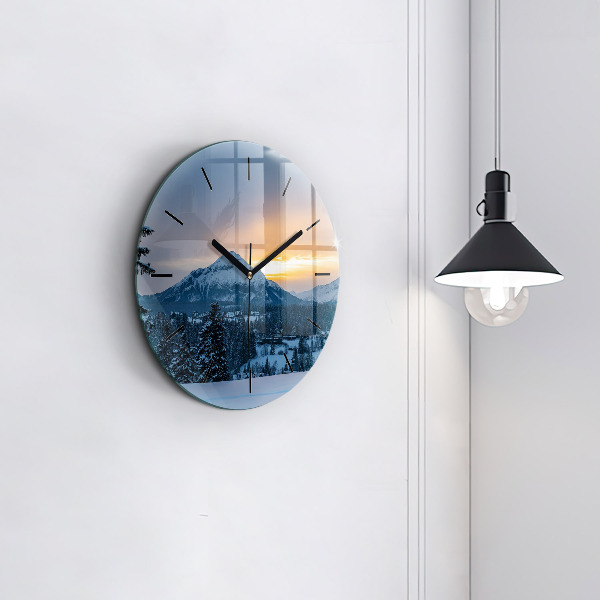 Round glass clock Mountain landscape