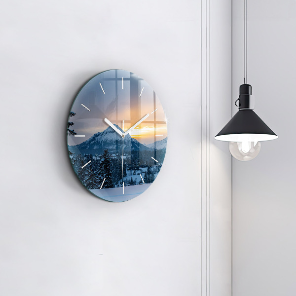 Round glass clock Mountain landscape