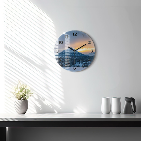 Round glass clock Mountain landscape