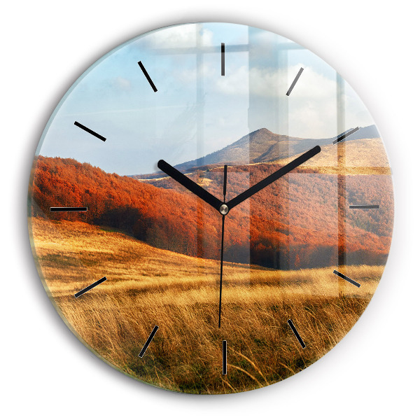 Round glass clock Mountain landscape