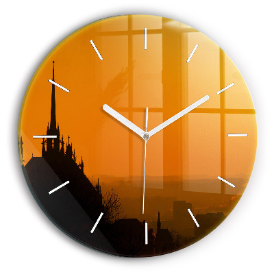 Round glass clock View of the Brno Cathedral