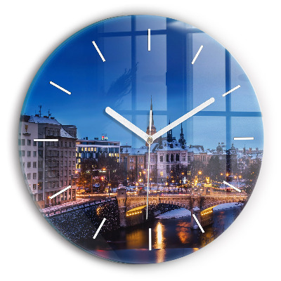 Round glass clock Panorama of the city of Pilsen