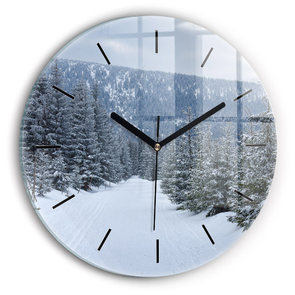 Round glass clock Czech Giant Mountains in winter