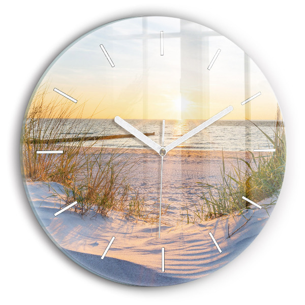 Round glass clock Sunset over the sea