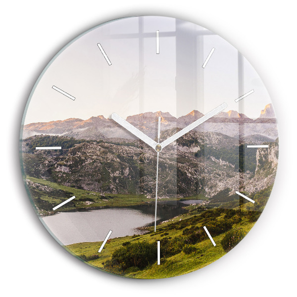 Round glass clock Lake and Pyrenees Mountains