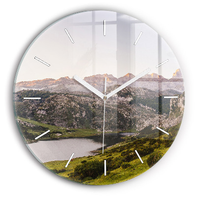 Round glass clock Lake and Pyrenees Mountains