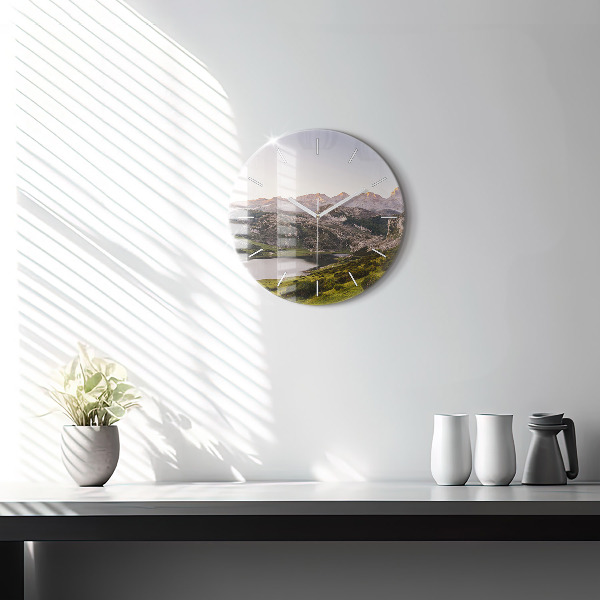 Round glass clock Lake and Pyrenees Mountains